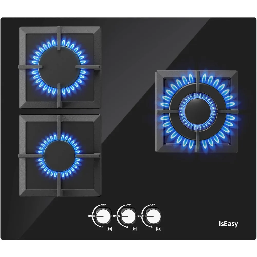 Placa de Gas, Encimera IsEasy de 3 quemadores con protección térmica automática, montaje vitrocerámico, 3 zonas, gas natural y propano, 7750 W