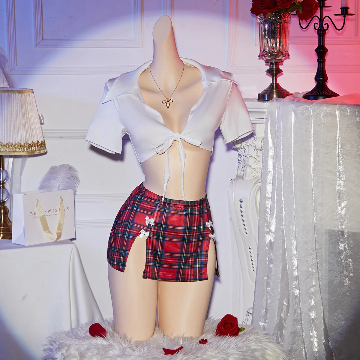 Sexy Cosplay Lingerie Set Women's 3pcs Student Costume with Thong High Slit Skirt Erotic Role Play Outfit for Adults Hot Dresses