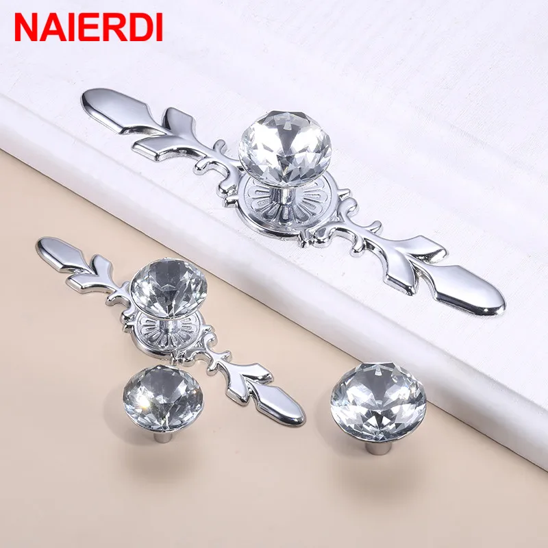NAIERDI Luxury Diamond Crystal Cabinet Handles Wardrobe Shoebox Handles Closet Door Drawer Knobs Pulls Furniture Pullers