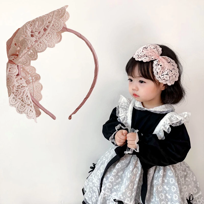 Cute Kawaii Big Bow Solid Color Scrunchie Hair Hoop for Baby Girls French Vintage Lace Tie Bands Lolita Headband Accessories