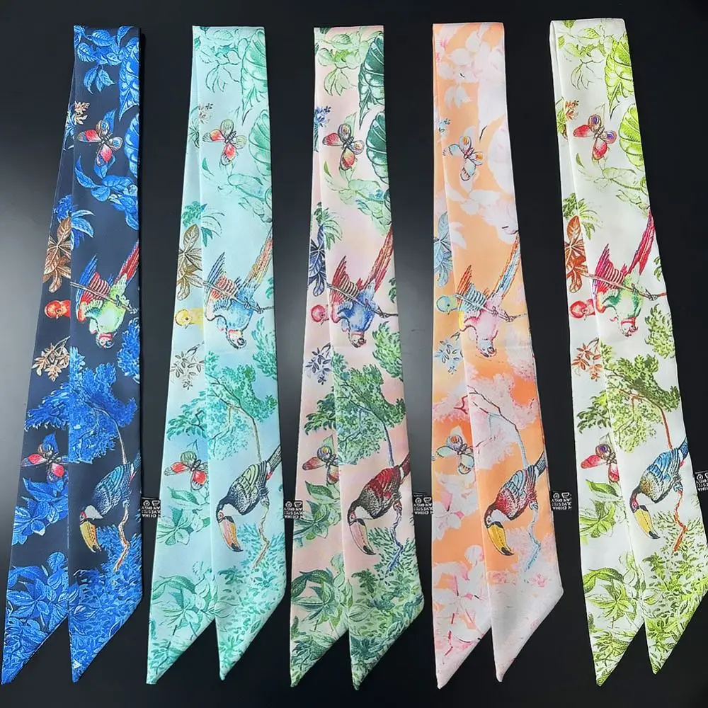 

Jungle Parrot Print Women Scarf Silk Material Narrow Long Neck Scarves Versatile High-end Feel Silk Scarf Streamer Decoration