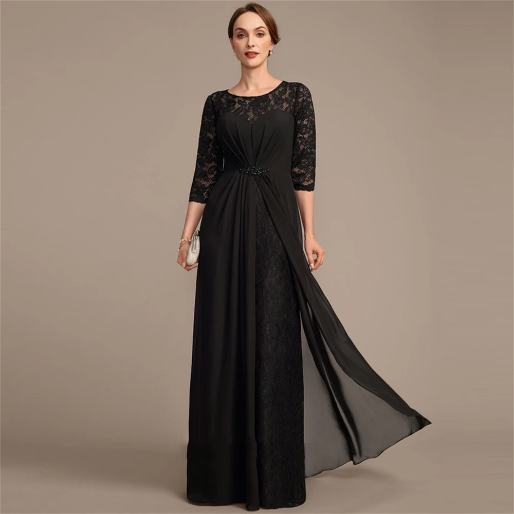 

2024 New Simple Exquisite Chiffon Mother of the bride Dress Beading Crew Sequined Half hollow-carved Sleeve Wedding Guest Dress