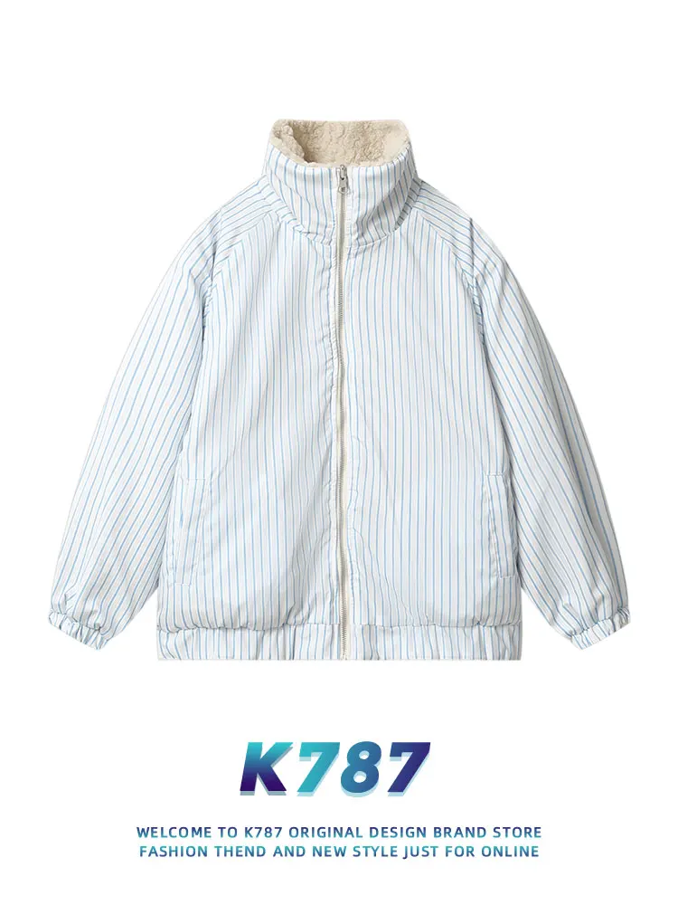 

Куртка K787 в американском ретро-стиле, в полоску, на флисовой подкладке, утолщенная, двусторонняя, хлопковая, для мужчин и женщин, зима 2024, парная модель