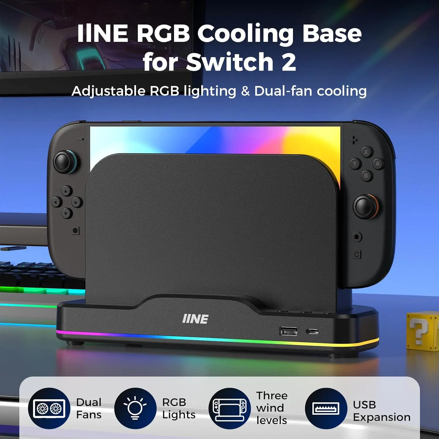 

Cooling Fan for Nintendo Switch 2 (2025), Dual-Fan Cooling with Adjustable RGB Lighting, USB Expansion, Plug & Play Dock Cooler