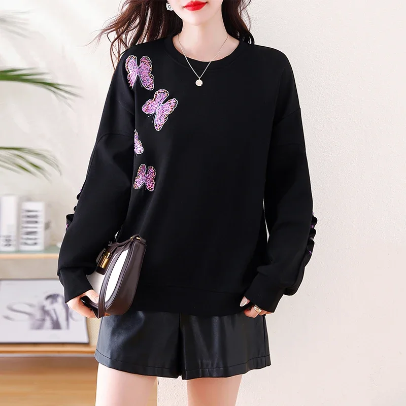 2025 Spring Autumn Embrodiery Butterfly Hoodies Women's Round Neck Long Sleeve Casual Loose All-match Pullover Sweatshirts Tops