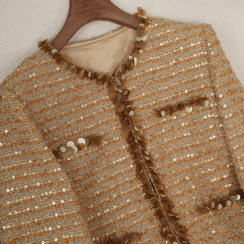 سترة لامعة من مزيج الصوف الفاخر عالي الجودة للنساء برقبة دائرية وأكمام طويلة سترة تويد فرنسية أنيقة #3