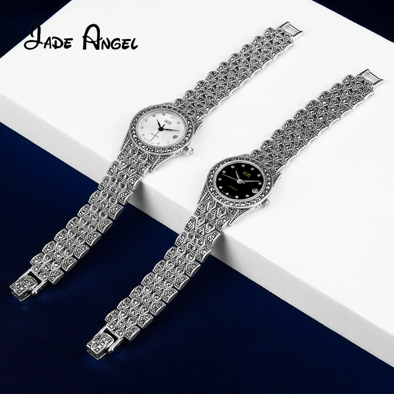 JADE ANGEL 925 Sterling Silver Wrist Watch Elegant Marcasite Bracelet for Women Festival Party Fine Jewelry Anniversary Gift