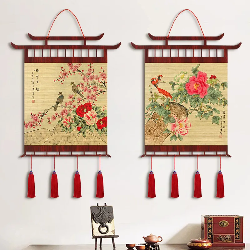 Wall Art Bamboo Background Flower Bird Texture Chinese Flower Bird Tassel Wall Hanging, Oriental Plum for Entryway Tea Room