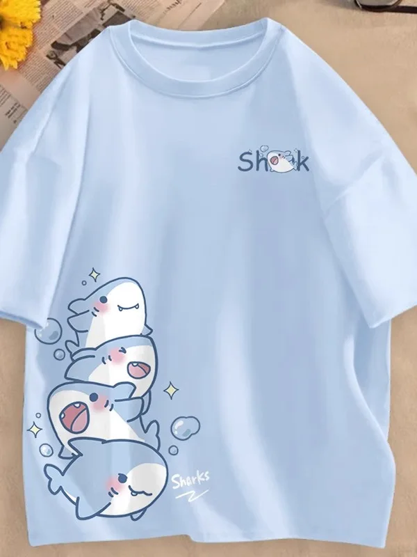Cseta hoada de manga corta para mujer, estilo coreano con estampado de dopna, color azul leche, para estudiantes jóvenes