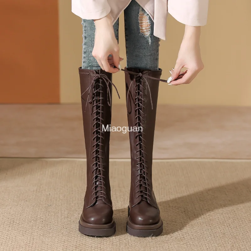 Women Fashion Leather Knee High Boots Round Toe Flat Platform Zipper Lace-up Boot Luxury Ladies Shoes Autumn Winter Black Casual