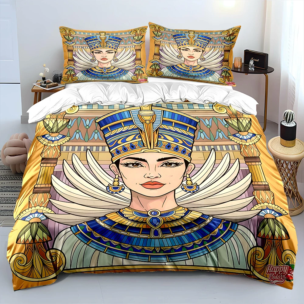 Egyptian-style ornate portrait Bedding Set for Kids Luxury Gift 3pcs Digital Print Comforter Set Soft Comfortable Breathable