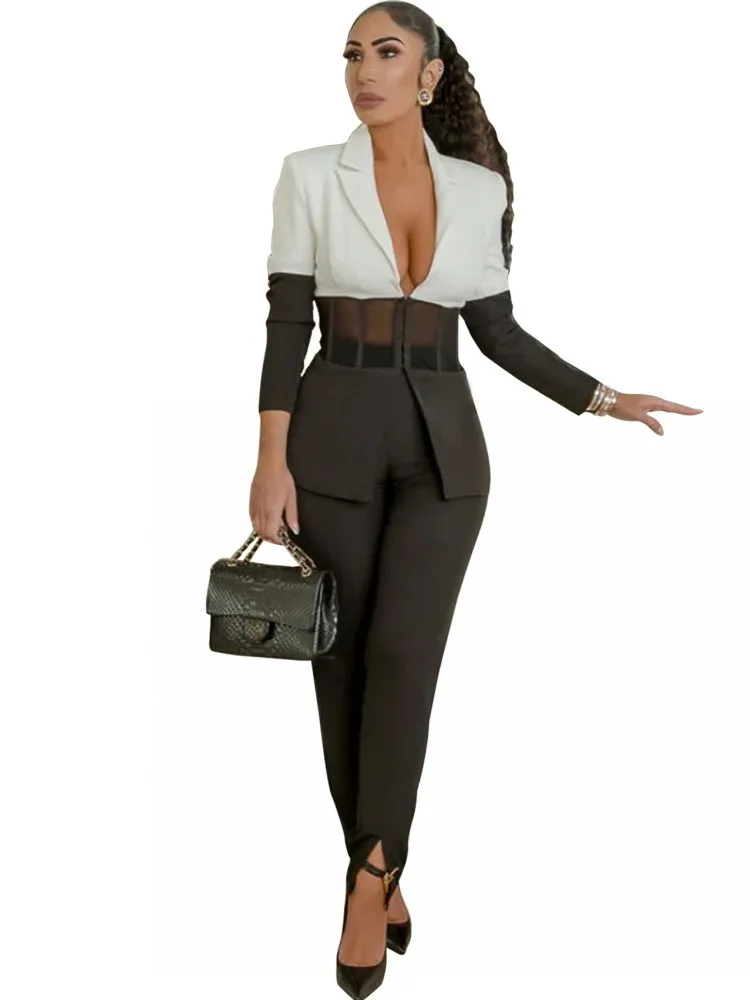 2 Pieces Women\'s Sets 2024 Autumn Winter Long Sleeve Black Blazers Suit Tops And Pants Suits Two Piece Set Tracksuit Outfit