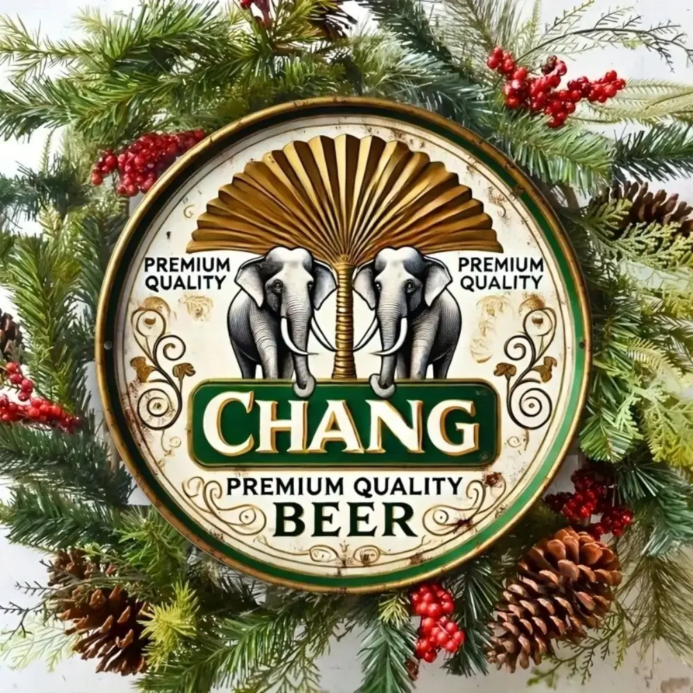 Chang – Tin Beer Sign, Vintage Elephant Design, 8x8inch Pieces, Metal Wall Decoration, Suitable for Home, Bar, Garage, Man Cave, Vintage Aluminum Art Sign