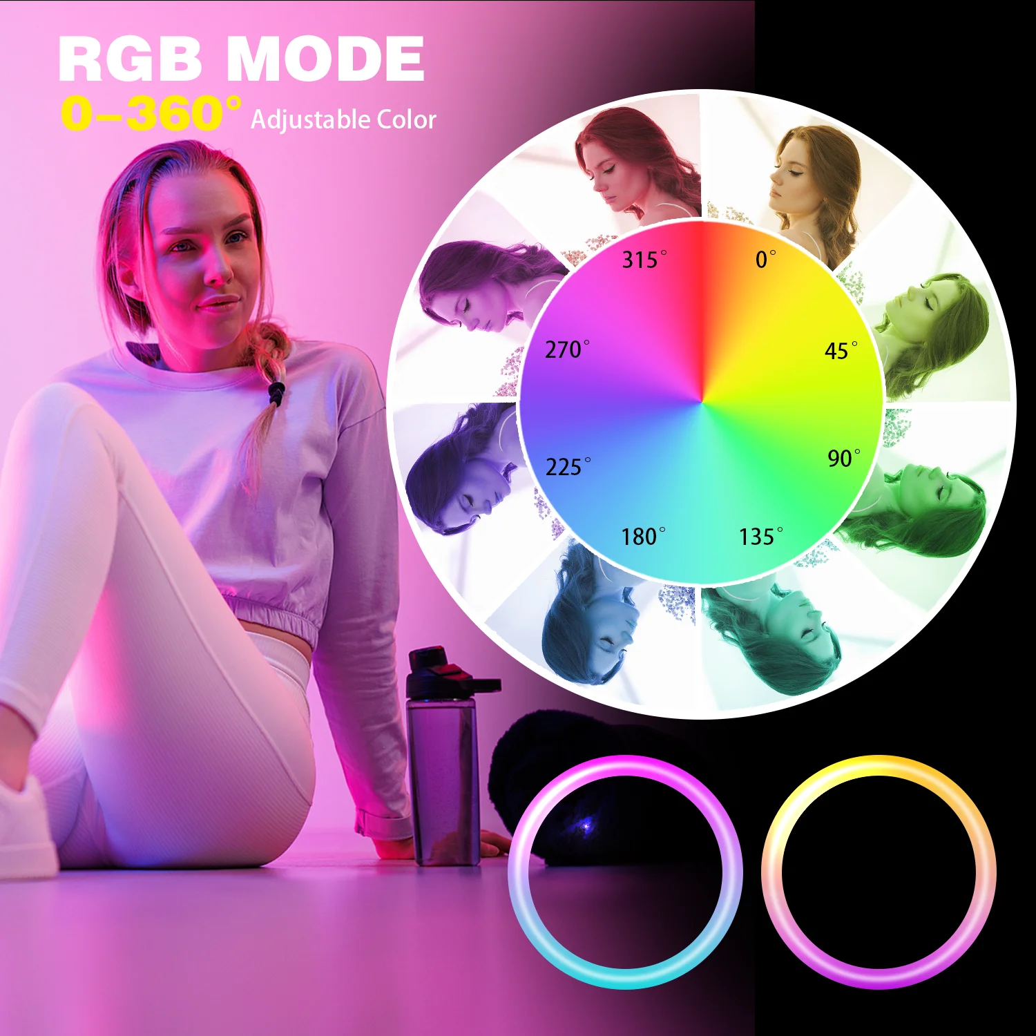 حامل ثلاثي قابل للتمديد مقاس 63 بوصة مع ضوء حلقة RGB مقاس 12 بوصة، وحوامل هاتف وعصا سيلفي مقاس 160 سم، وإضاءة LED للتصوير الفوتوغرافي #5