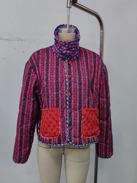 Reversible Jacket Retro Print Color Block Coat Woman Lapel Collar Top Striped Patch Pocket Outerwear Winter Autumn Clothes