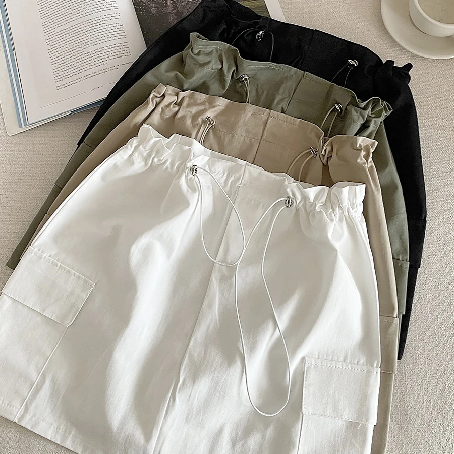 Women's Skirt Khaki Workwear Style Retro Plain Casual Skirt Summer Street Wear Waist Drawstring with Pockets