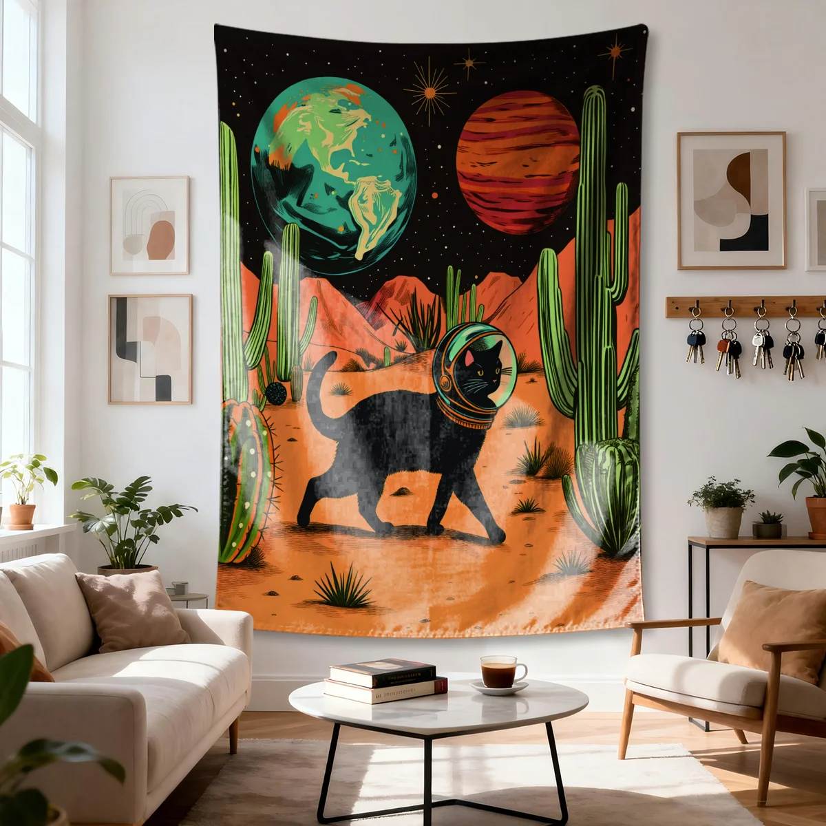 Large Cosmic Cat Space Tapestry Wall Hanging 150x300cm Boho Retro Sci-Fi Planets Desert Astrology Art Decor