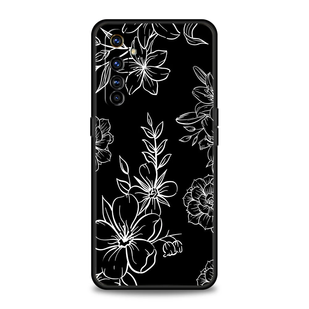 เคสโทรศัพท์ภาพดอกไม้สีดำสำหรับ Realme 8 9 Pro Plus 9i 8i 6 7 GT2 C21 C25 C3 C11 11 Pro 5G PLUS เคสซิลิโคนกันกระแทก
