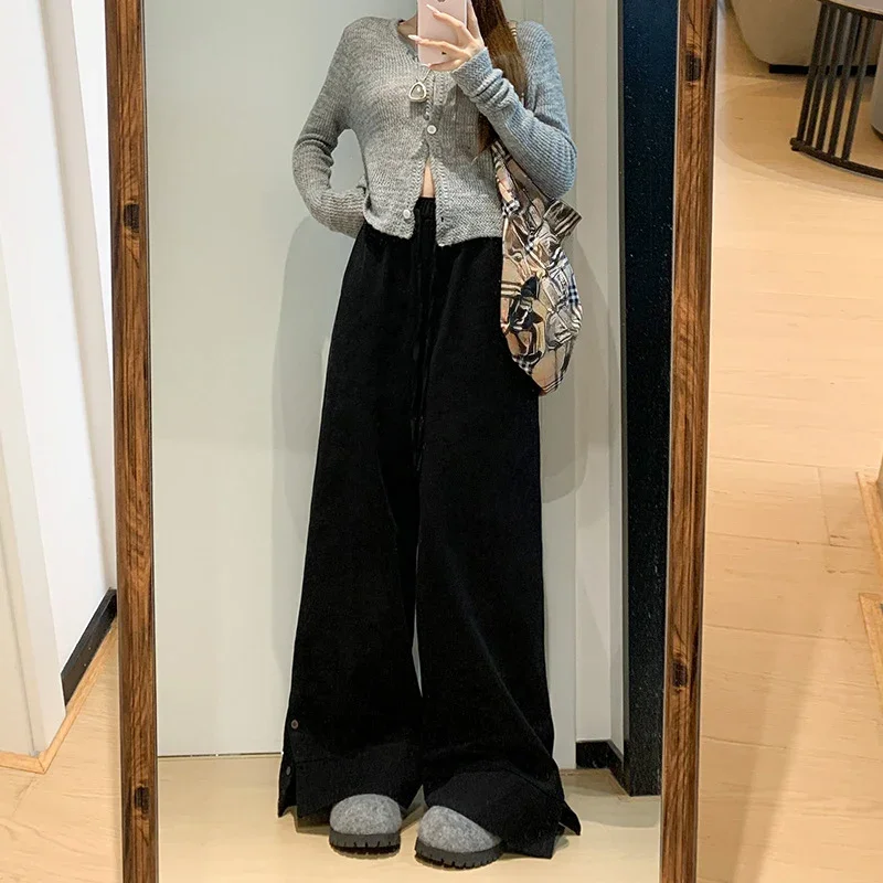 

Autumn Harajuku Drawstring Streetwear Trousers American Side Split Button Wide Leg Pants Women Elastic Waist Hip Hop Washed Pant