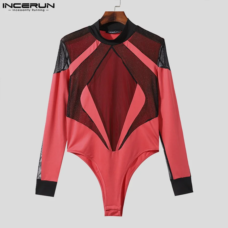 INCERUN 2024 Sexy Style Combinaisons Nouveau Hommes Mode Maille Grand Diamant Patchwork Barboteuses Casual Mince À Manches sulfCostumes De Batterie