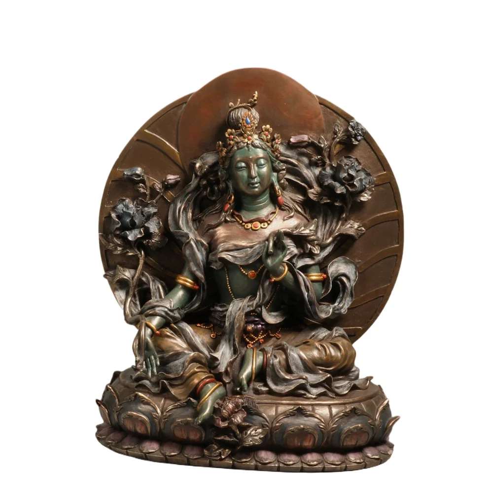 Green Tara Resin Statue Tibetan Buddhism Figurine Half‑Lotus Pose With Floral Backplate Religious Sculpture Home Desktop Decor