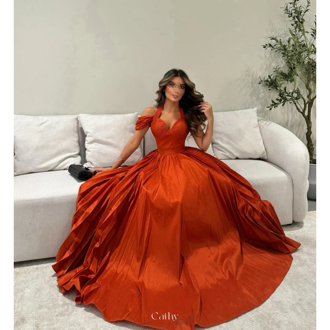 Cathy Red Halter Neck Strapless Wedding Dresses Taffeta A-line Sleeveless vestidos de noche Floor-Length Formal Evening 2024