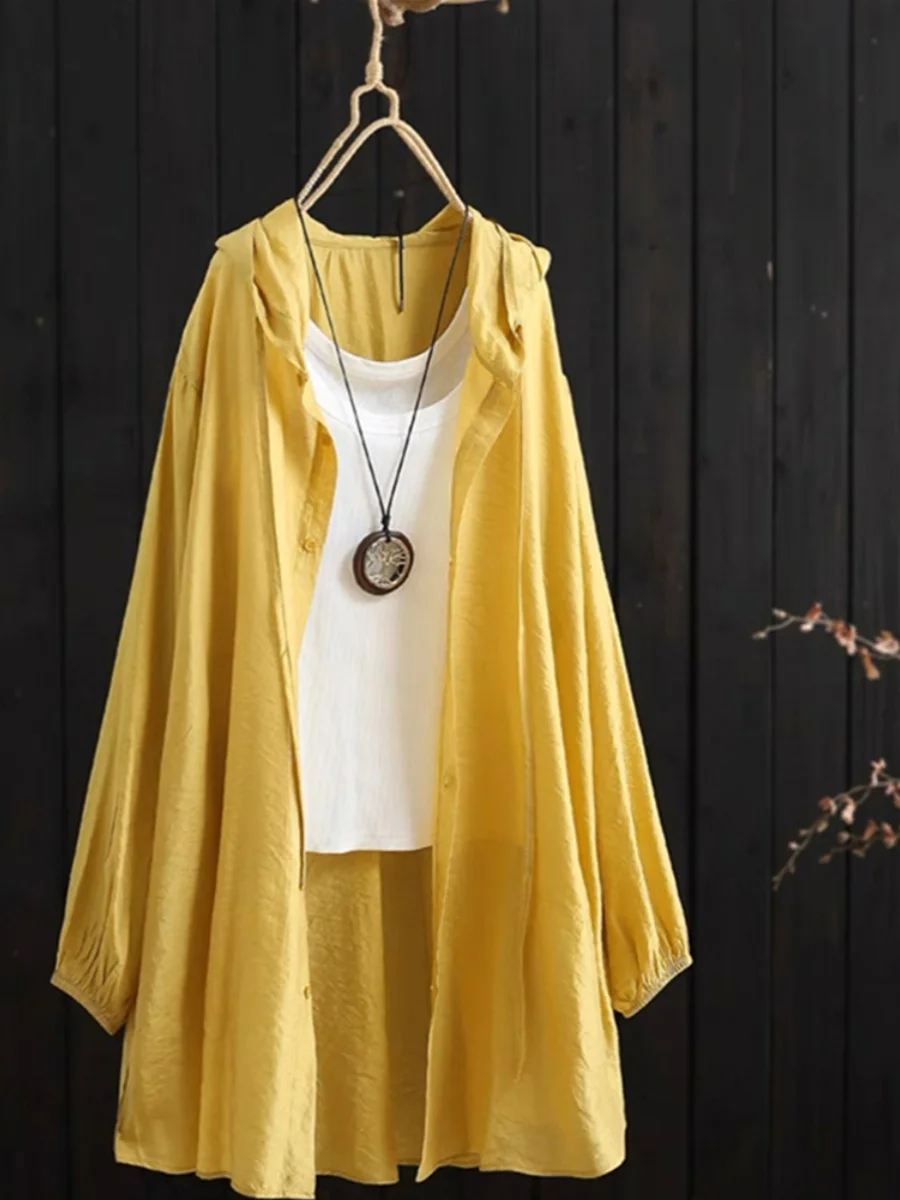 Summer Thin Hat Sun Protection Clothing Women's Mid-Length Long Sve Ice Silk Cotton Linen Open Cardigan Outerwear Top