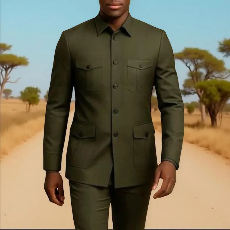 Safari Casual Men Suits with Pockets Stand Collor Chinese Fashion Style Slim Fit Wedding Suit Custom Made 2 Pieces Jacket Pants
