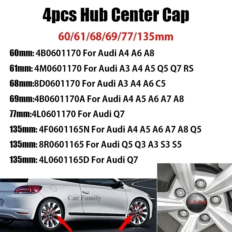 4Pcs/Pack 60/61/68/69/77/135mm Car Tire Center Hub Decoration Cover For Audi A4 A6 A8 A3 A5 C5 S3 S5 S6 RS Q3 Q5 Q7 Accessories