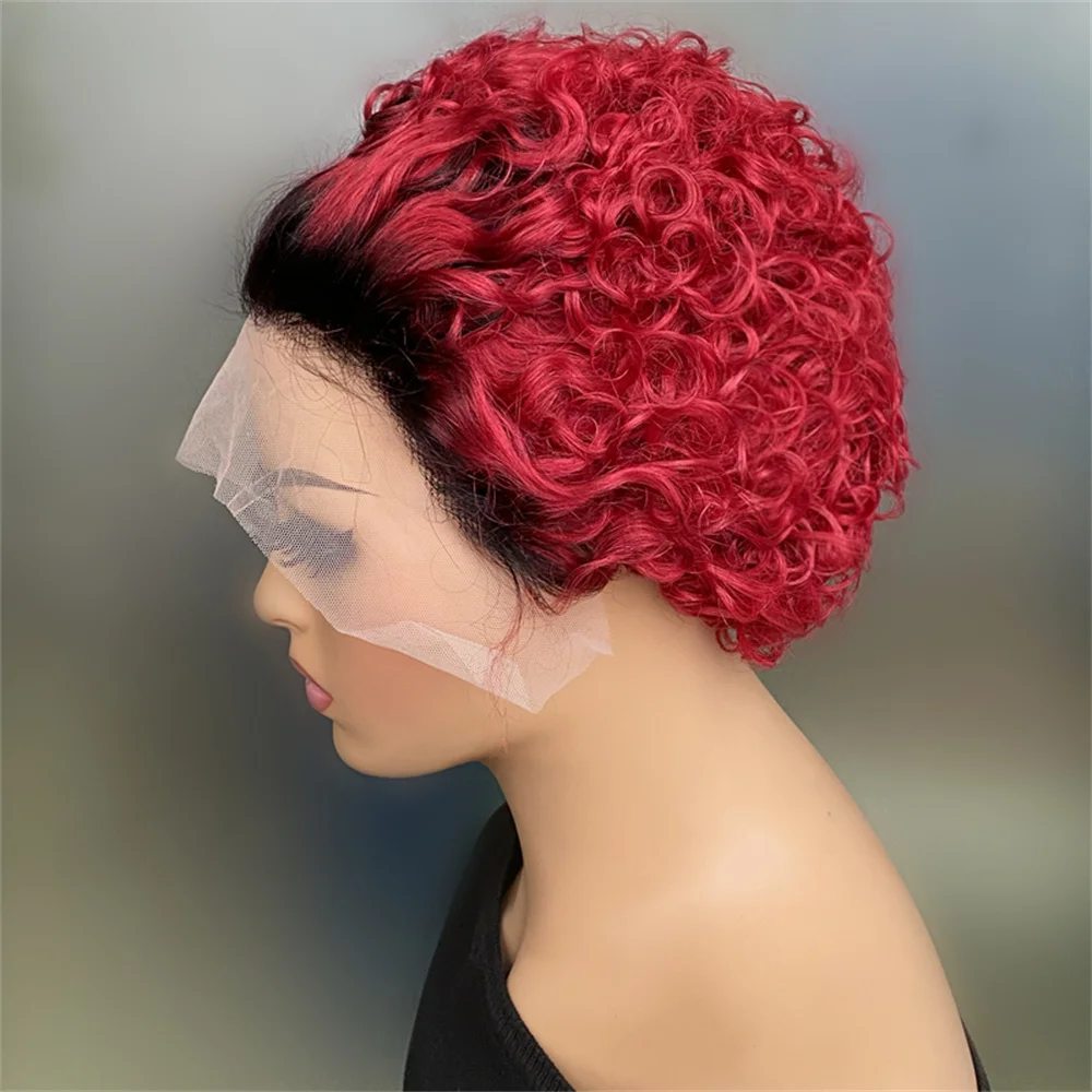 150% Dichtheid Remy Hair Pruik 13X1 Lace 6Inch Korte Krullend Mensenhaar Pruiken Voor Vrouwen 1Bbug Kleur Pixie Cut Dagelijks Feest Gebruik ﻿