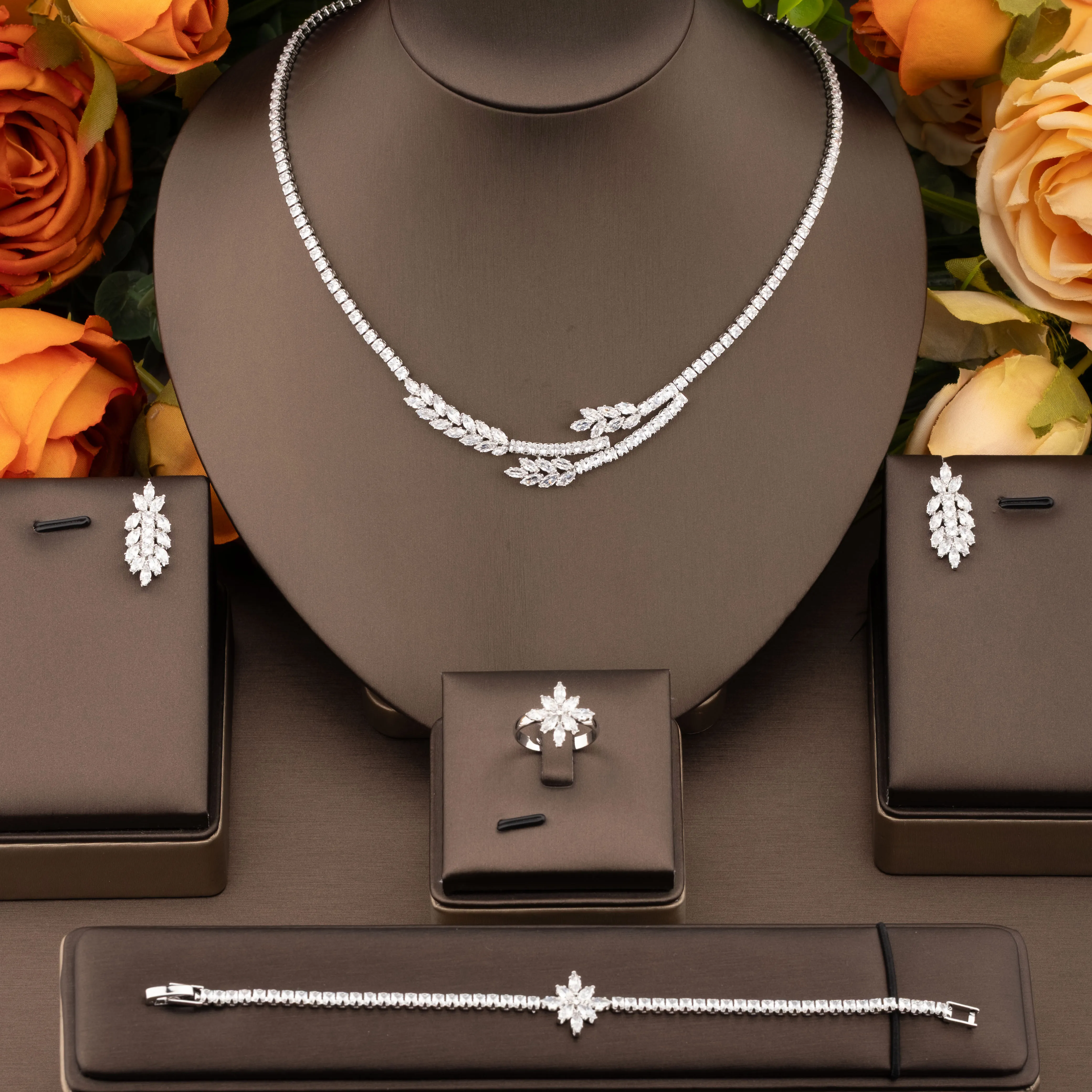 1 set of luxurious and elegant jewelry set with sparkling cubic zirconia and interlaced wheat ear design, suitable for women to wear at weddings and banquets. Gift box not included
