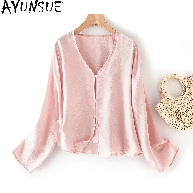 

AYUNSUE 100% шелковые женские блузки и рубашки, солнцезащитные топы с длинными рукавами для женщин, универсальная блузка с V-образным вырезом, женская одежда, рубашка