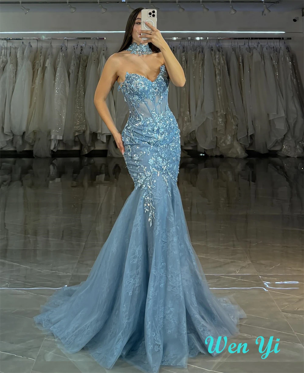 Customized  Mermaid Exquisite Blue Tulle Evening Dress Formal Sweetheart Sleeveless Homecoming Dresses Luxury Vestido D image 3