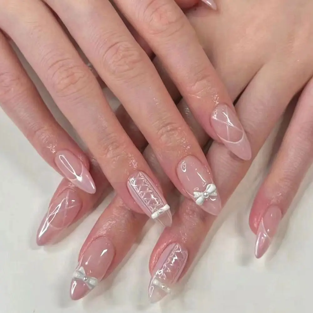 Unhas falsas francesas para mulheres, manicure, amêndoa longa, laço, pérola, verão, pressione nas unhas, gradiente de brilho