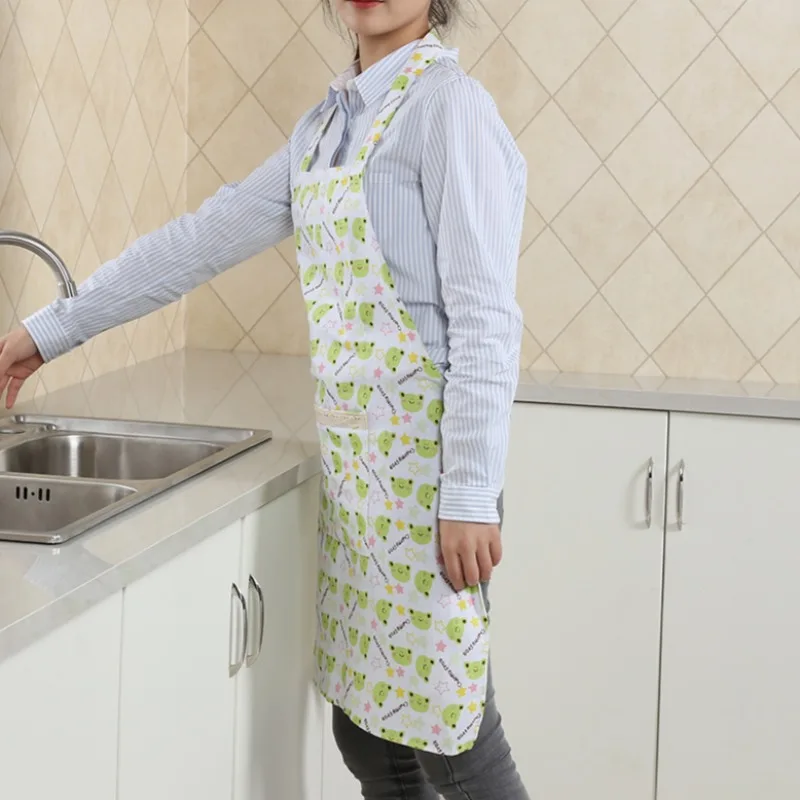 Cute Printed Aprons Adult Kitchen Cooking Simple Pockets Korean Style Household Cleaning Tools New Bathroom Neat Cotton Linen