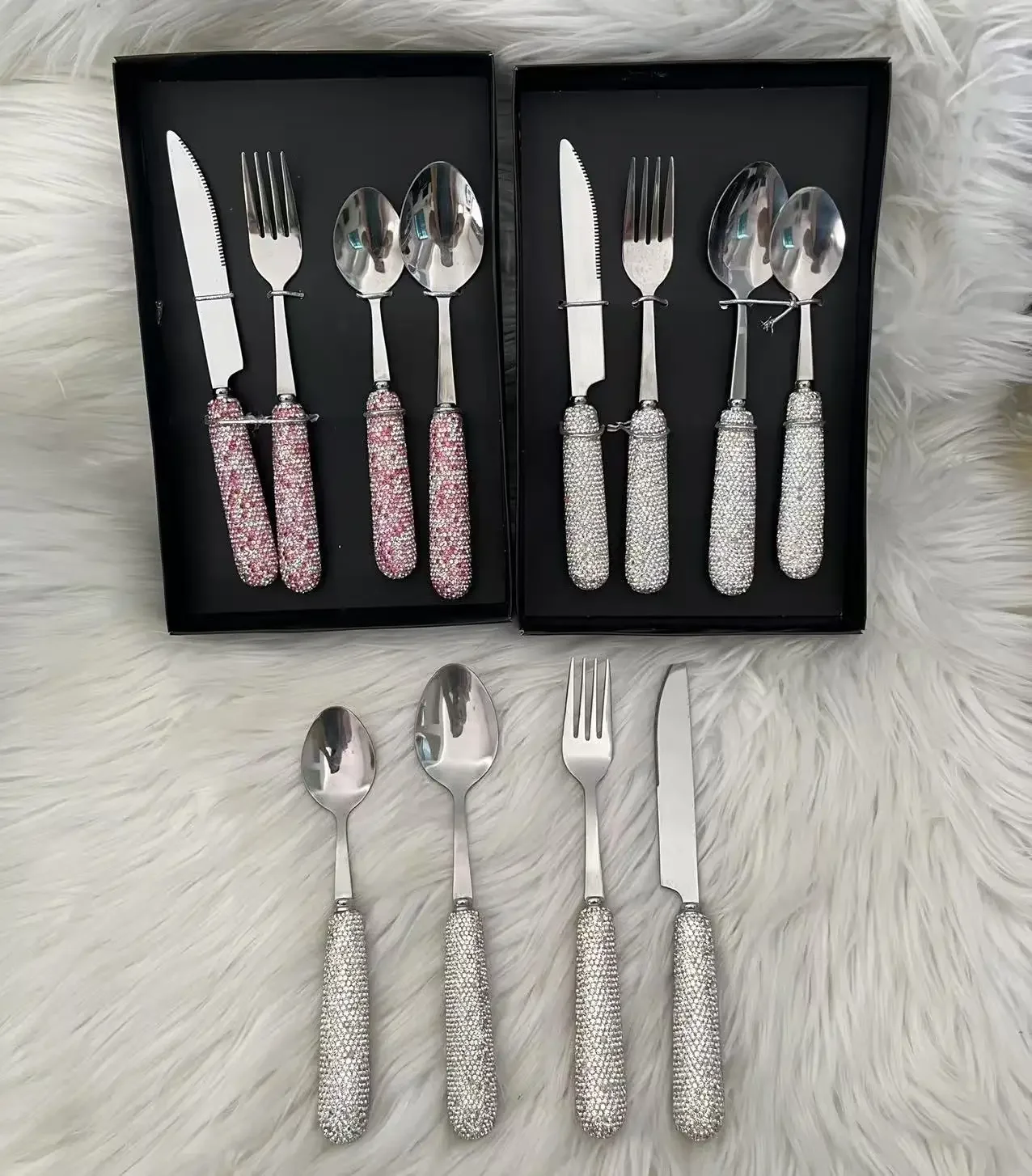 Sparkling Diamond 4Pcs Stainless Steel Tableware Cutlery Steak Knife Fork Spoon Dinner Flatware Dinnerware Sets with Box Gift