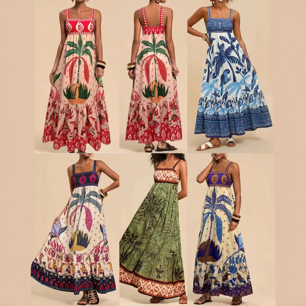 

2026 New Summer Strap Printed Fashion Casual Vacation Style Bohemian Dress Summer Long Dress Sexy Bandage Elegant