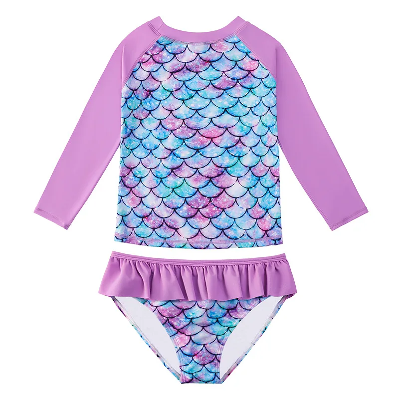 European And American Style Girls Long Sleeves Split Bathing Suit 3-9Years Kids Bikini Mermaids 3D Print Sunscreen Swimsuits