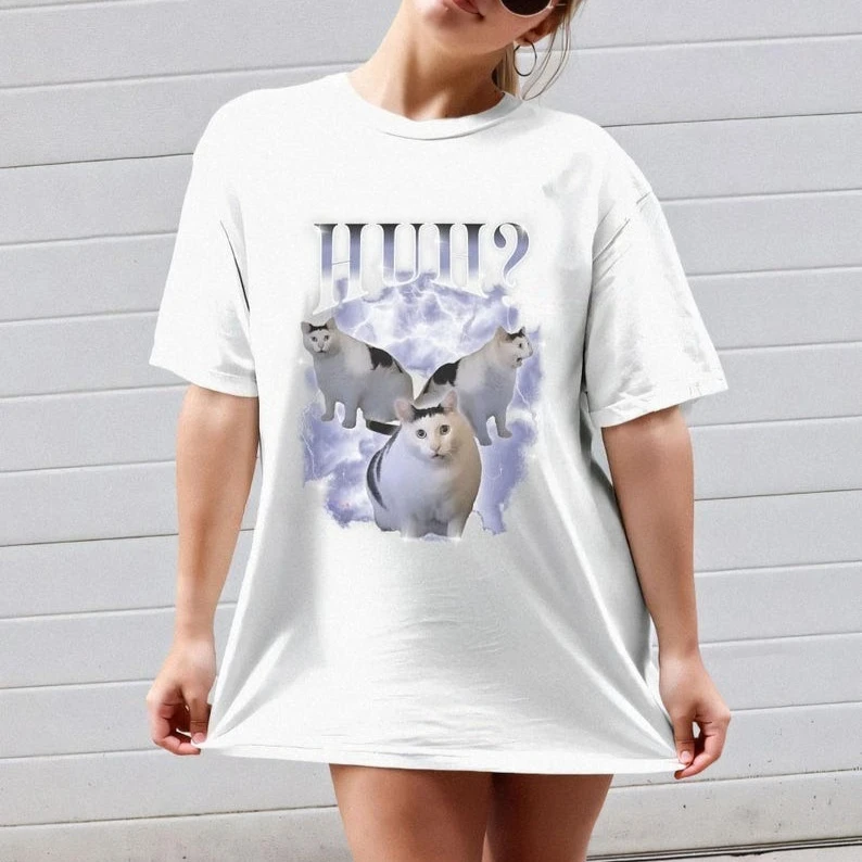 Huh Cat Chonky Ben Meme 90s T-shirt Casual Short Sleeve T-shirt Funny Meme Shirt Men Women Ironic Shirt Sarcas Streetwear Tops