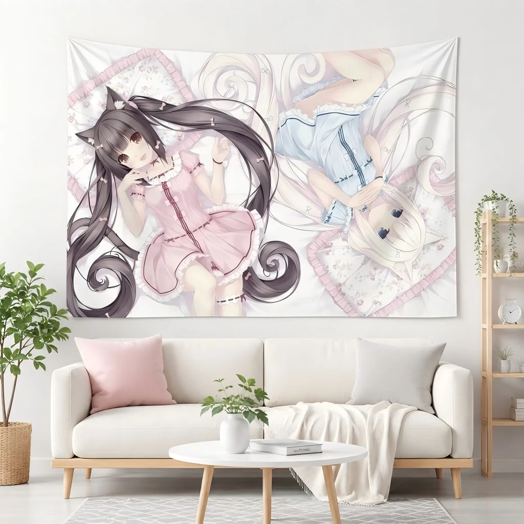 1 Stück N-Nekopara Chocola Vanilla Pyjama Wandteppich Zwillingskatzen Mädchen Blumenmuster Wandbehang Kawaii Deko Schlafzimmer Wohnheim Otaku Fans – Detail 3