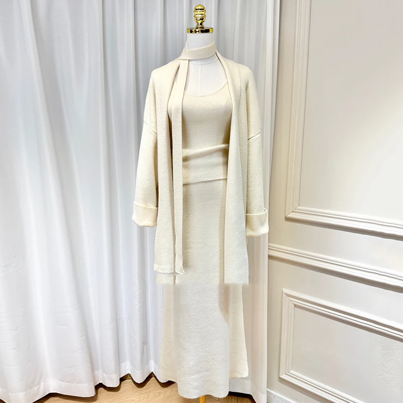 KBQ Solid Three Piece Sets for Women V Neck Short Vest High Waist A Line Long Skirts Cardigan Jacket Sweater Elegant Set Female