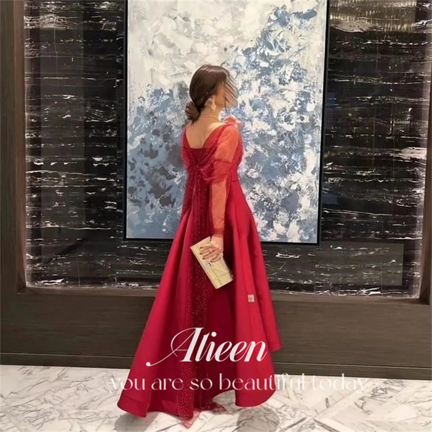 Aileen Red Satin Long Sleeves Square Collar Prom Dresses 2024 Elegant Women\'s Luxury Wedding Party Dress Evening Woman Gala