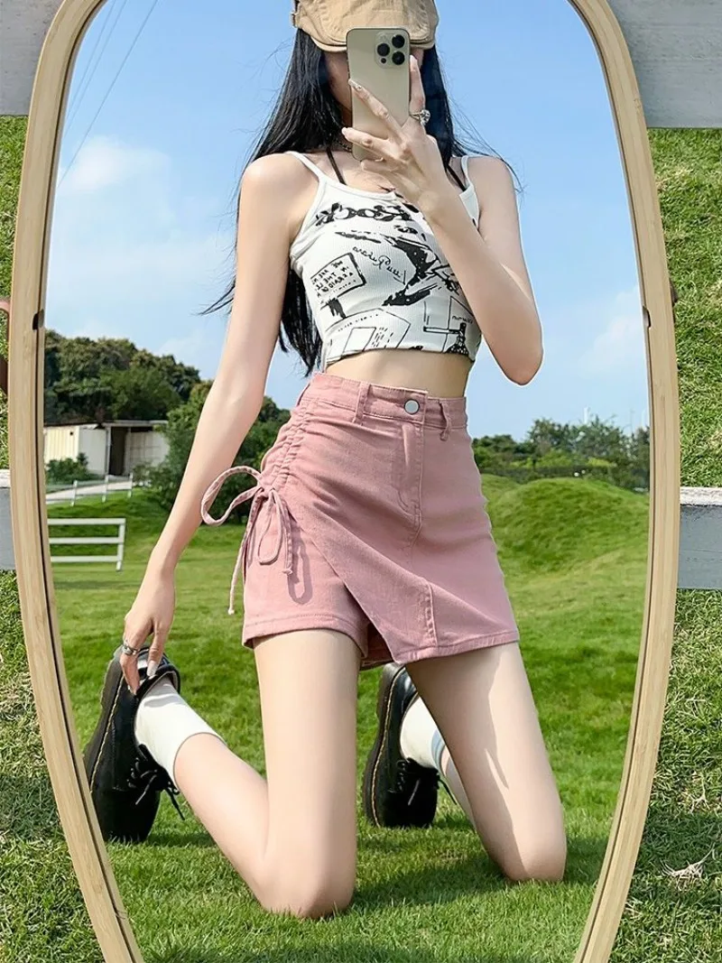 

Female Jeans Skirts with Strings Cute Women's Denim Shorts Skirt Kawaii Mini Clothing Sales Casual A Line Summer 2024 Cheap Hot