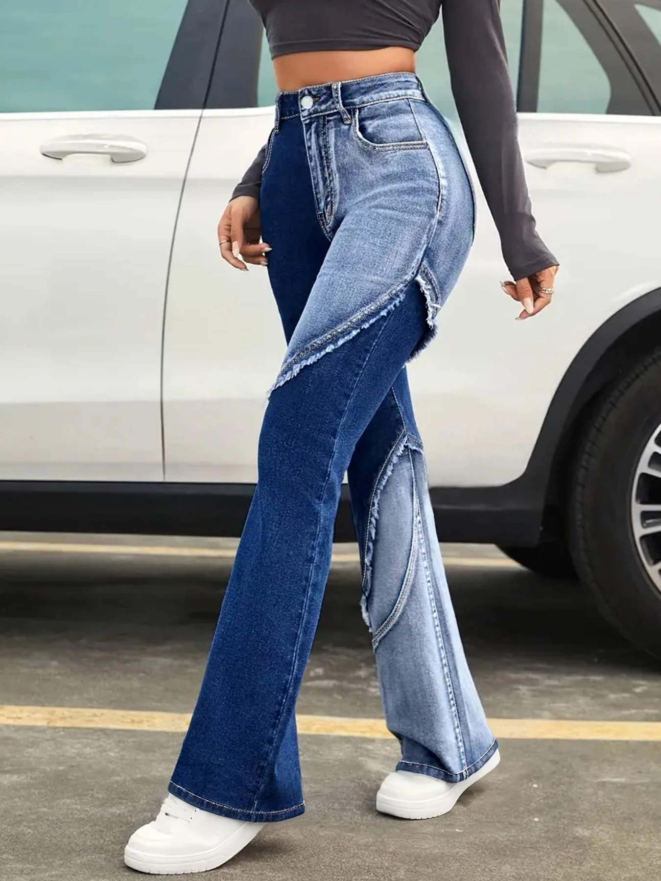 جينز نسائي عالي الخصر مقاس كبير، أنيق يغسل لجعل الأرجل تبدو أطول، جينز متوهج بحاشية ملونة