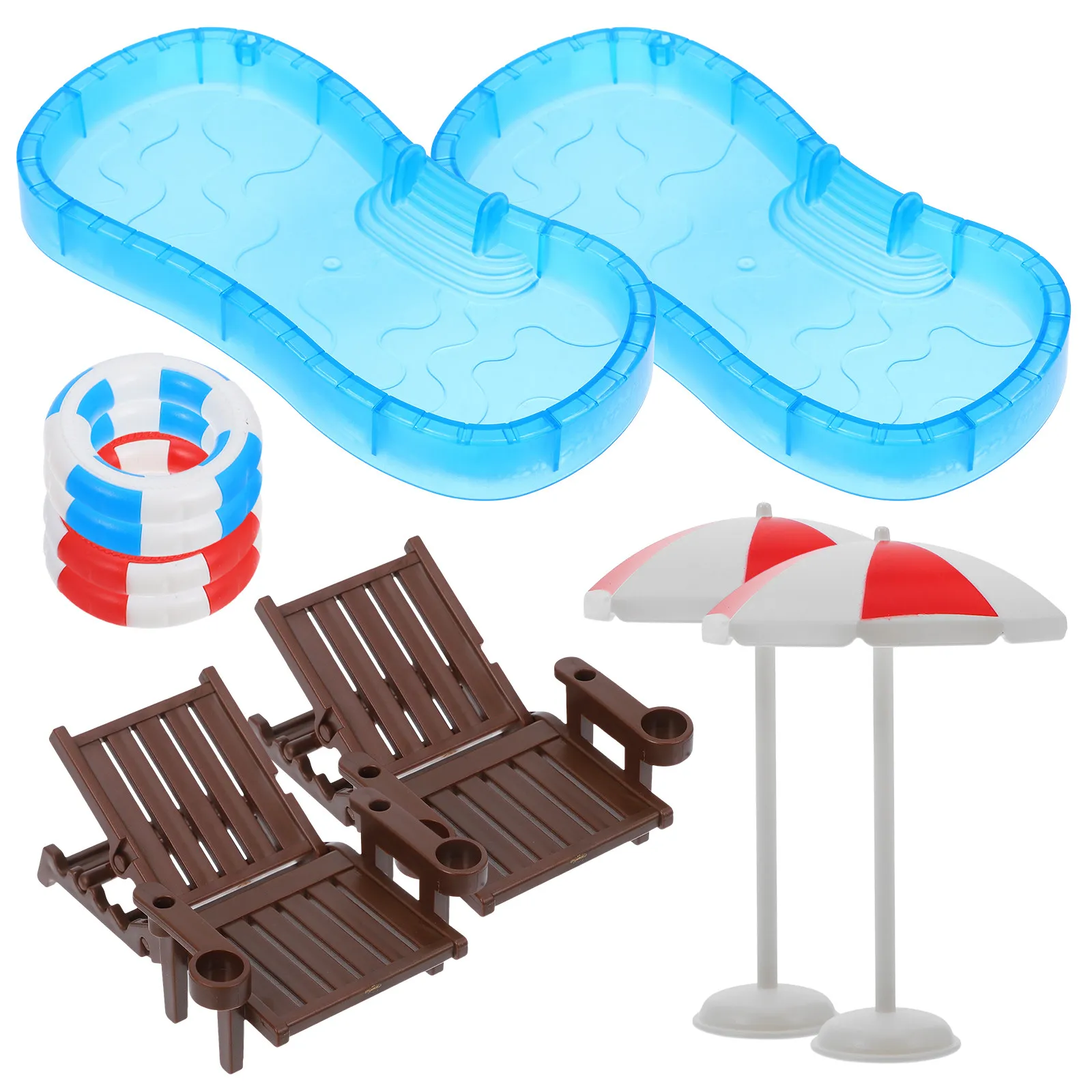 

2Sets Mini Swimming Pool Micro Scene Layout Summer Props Mini House Swim Ring Beach Chair Umbrella Miniature Furniture Ornament