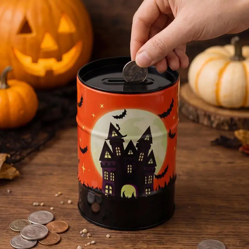 Halloween Metal Piggy Bank With Spooky Haunted House Bat Print For Kids Coin Saving Gifts