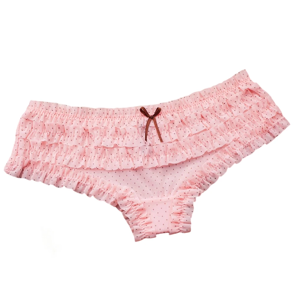 Lace Mesh Low Waist Briefs for Women with 3D Ruffled Layers Polka Dot Flower Print Breathable Underwear 95% Nylon 5% Spandex