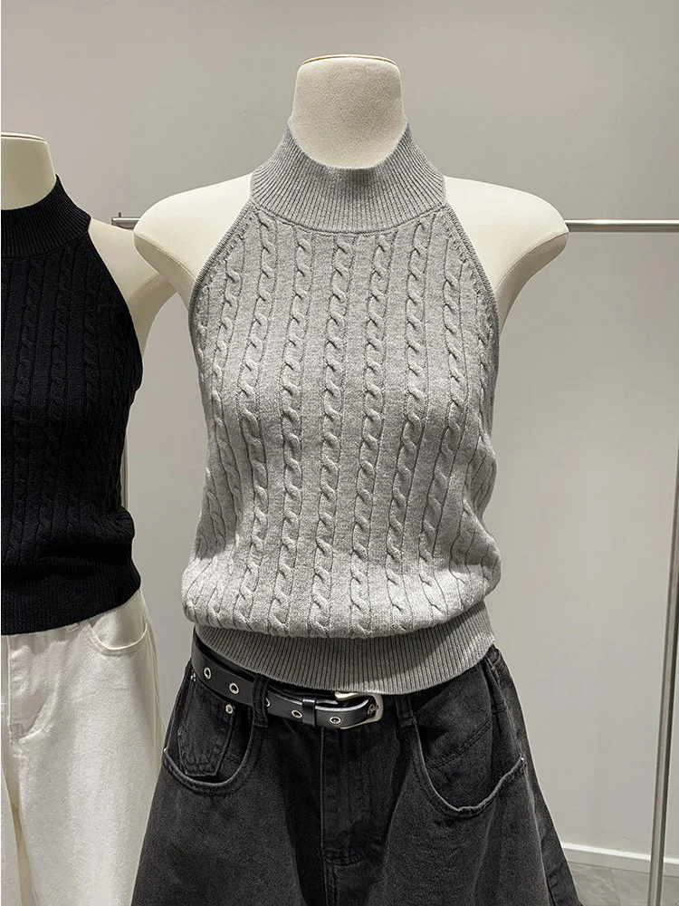 American Style Grey Neck Hanging Sleeveless Vest Women Summer Outdoor Wear 2026 New Inner Match Sweater Back Exposure Knitted...