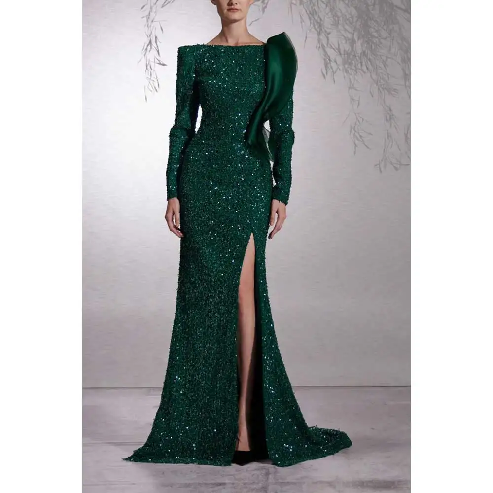 YUMDI Luxury Dubai Green Ruffled Long Sleeve Mom Outfit 2024 Special Occasion Wedding Prom Party Mermaid Evening Dress Tail Gown