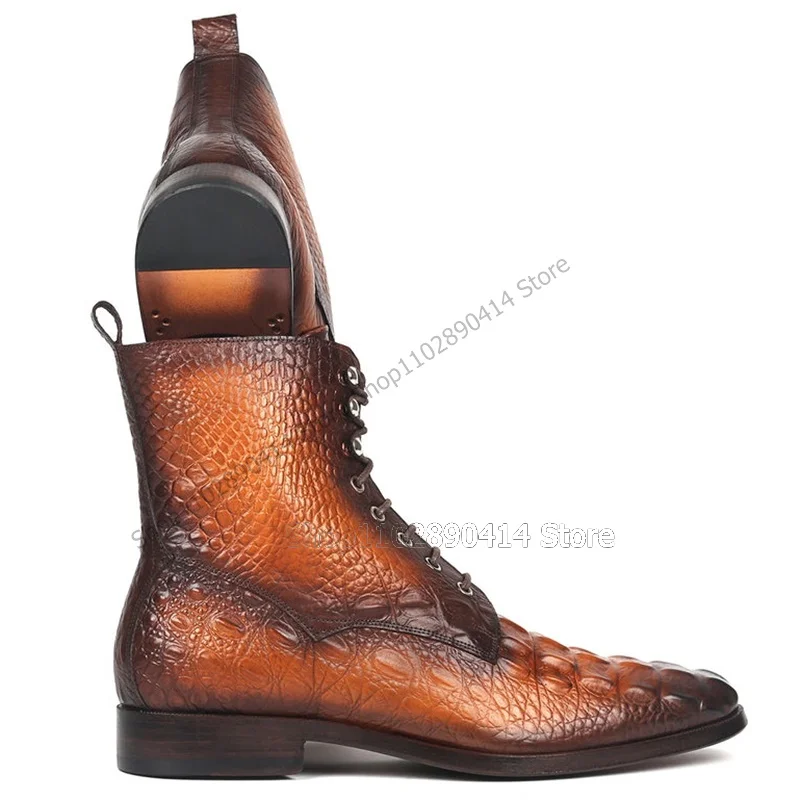 Brown Gradient Color Crocodile Print Fretwork Boots Fashion Lace Up Men Shoes Luxurious Handmade Party Banquet Men Dress Shoes